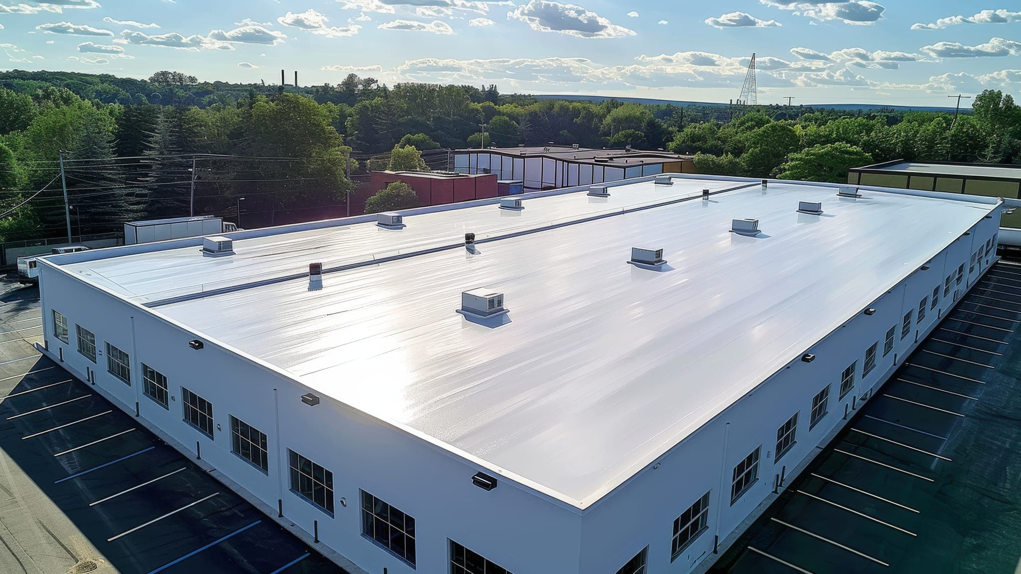 Aerial view of a large commercial flat roof with a bright white membrane on a single-story industrial building