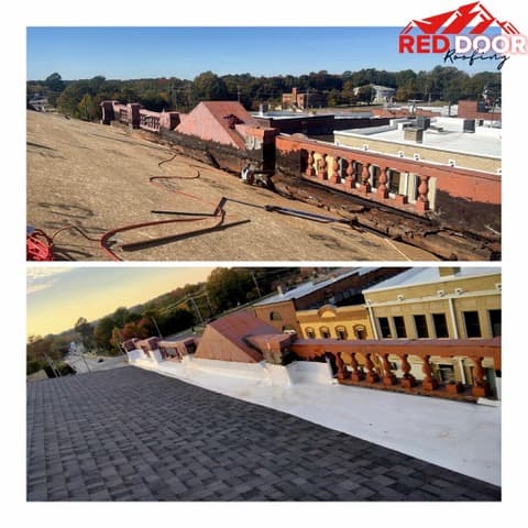 Historic downtown building roof before and after - failed surface to new architectural shingle