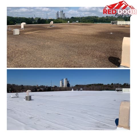 Warehouse roof before and after - aged gravel ballast to bright white TPO membrane