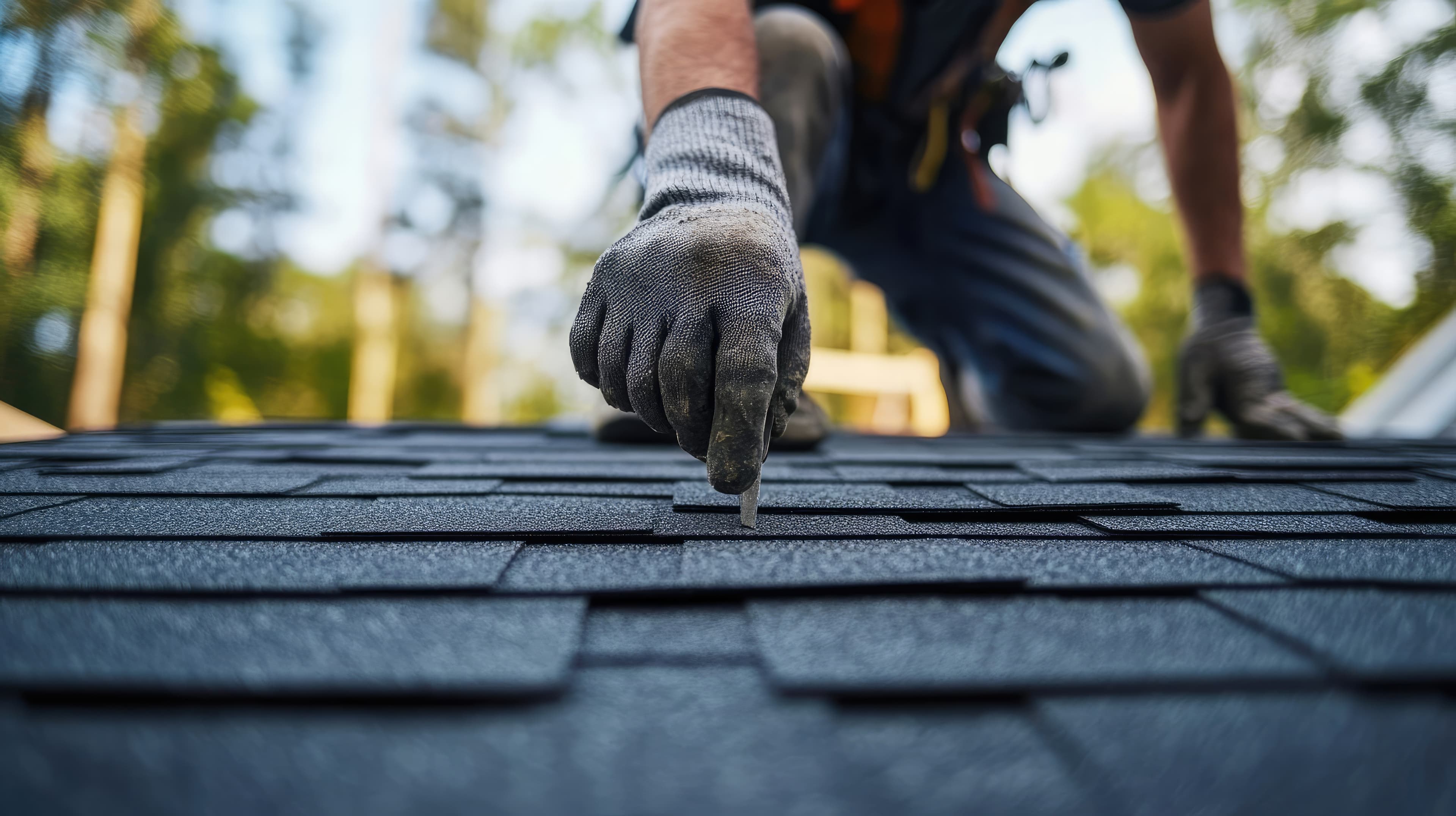 Close-up of a roofer hand-placing asphalt shingles